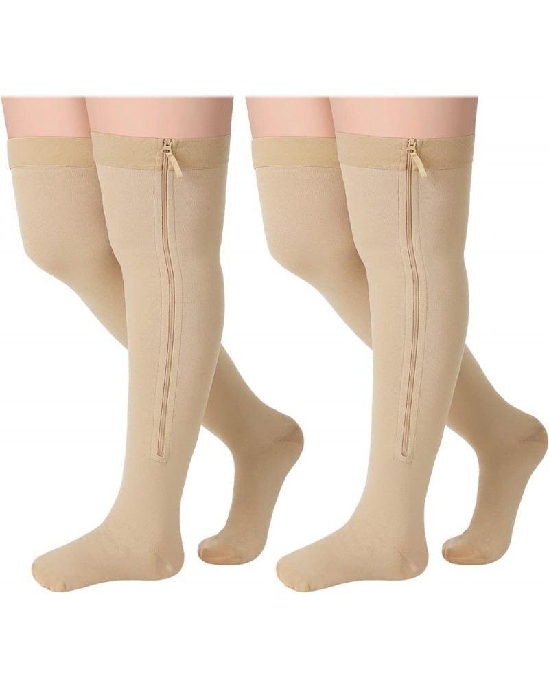 2 Pairs Zipper Compression Socks Thigh High 20-30 mmHg Compression Socks with Zipper Closed Toe Thigh High Compression Stocki...