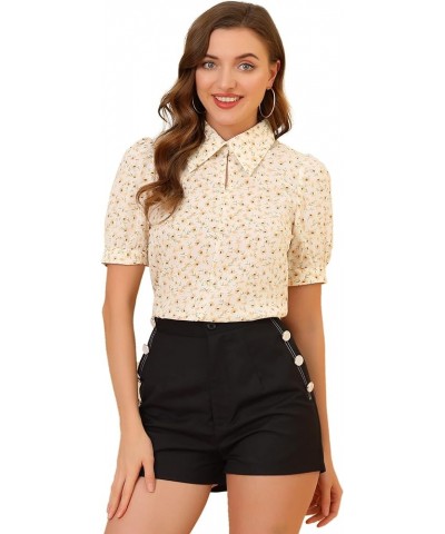 Women's Elegant Shirt Turndown Collar 2024 Summer Puff Sleeve Vintage Floral Blouse Beige Yellow $10.39 Blouses