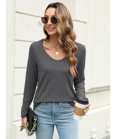 Womens Long Sleeve Shirts V Neck Basic Tops Casual Solid Color Tees A Dark Grey $12.99 T-Shirts