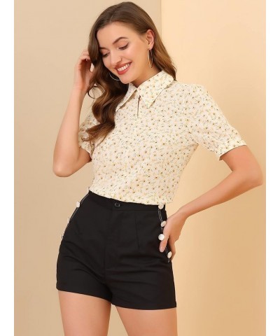 Women's Elegant Shirt Turndown Collar 2024 Summer Puff Sleeve Vintage Floral Blouse Beige Yellow $10.39 Blouses