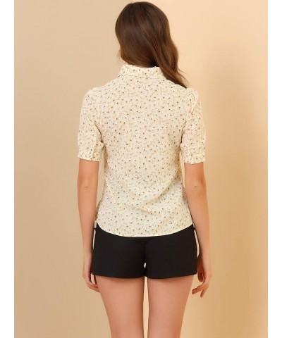 Women's Elegant Shirt Turndown Collar 2024 Summer Puff Sleeve Vintage Floral Blouse Beige Yellow $10.39 Blouses