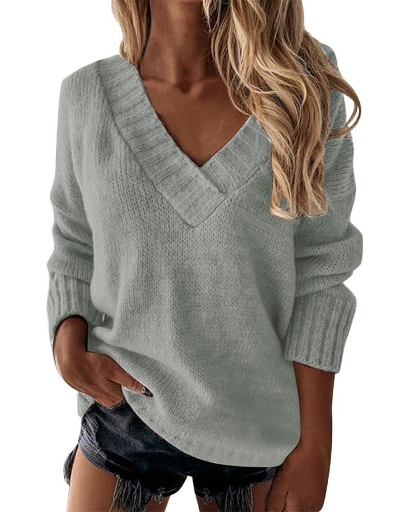 Sweaters for Women Women V Neck Solid Long Sleeve Loose T Shirt Tops Knitting Sweater Blouse B-grey $8.99 Sweaters