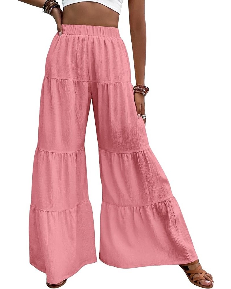 Women's Flowy Boho Elastic High Waist Ruffle Hem Wide Leg Beach Loose Palazzo Pants Pink $21.05 Leggings