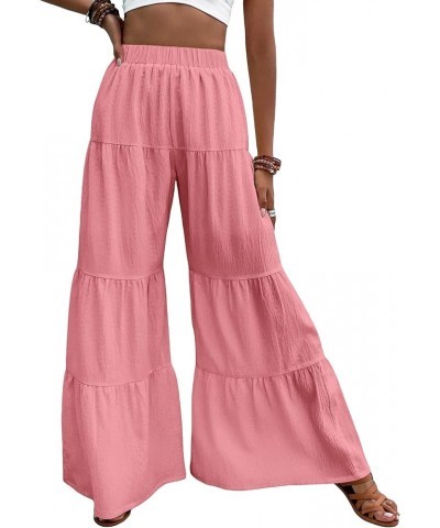 Women's Flowy Boho Elastic High Waist Ruffle Hem Wide Leg Beach Loose Palazzo Pants Pink $21.05 Leggings