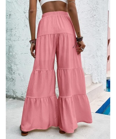 Women's Flowy Boho Elastic High Waist Ruffle Hem Wide Leg Beach Loose Palazzo Pants Pink $21.05 Leggings