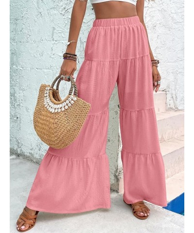 Women's Flowy Boho Elastic High Waist Ruffle Hem Wide Leg Beach Loose Palazzo Pants Pink $21.05 Leggings