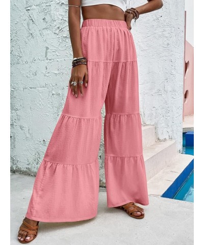 Women's Flowy Boho Elastic High Waist Ruffle Hem Wide Leg Beach Loose Palazzo Pants Pink $21.05 Leggings