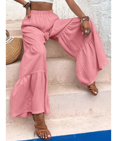 Women's Flowy Boho Elastic High Waist Ruffle Hem Wide Leg Beach Loose Palazzo Pants Pink $21.05 Leggings