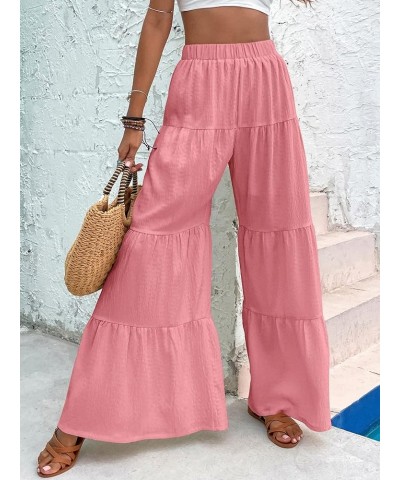 Women's Flowy Boho Elastic High Waist Ruffle Hem Wide Leg Beach Loose Palazzo Pants Pink $21.05 Leggings