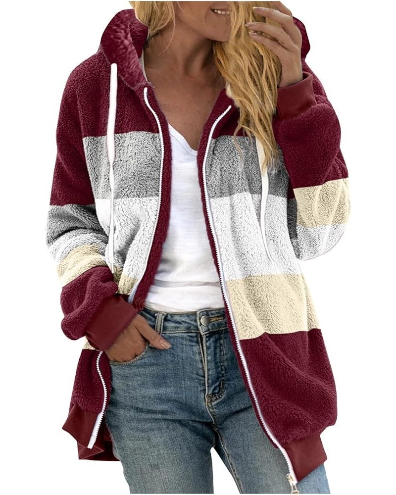 Women's Fluffy Fleece Coat Long Sleeve Full Zip Sherpa Jacket with Hood Warm Casual Cardigan Sweater Coats Outerwear V-wine $...