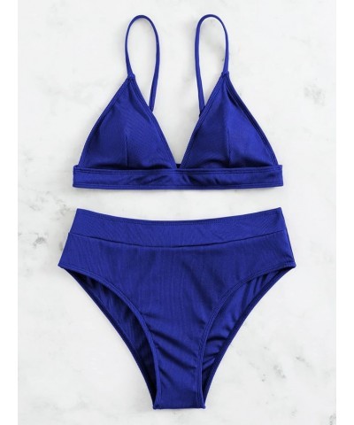 Women's 2 Piece Bathing Suit Ribbed Triangle High Waisted Bikini Swimsuit Royal Blue $14.08 Swimsuits