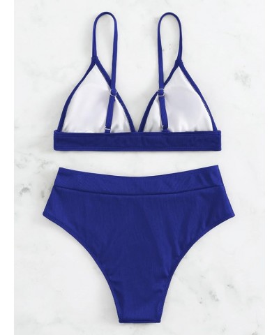 Women's 2 Piece Bathing Suit Ribbed Triangle High Waisted Bikini Swimsuit Royal Blue $14.08 Swimsuits