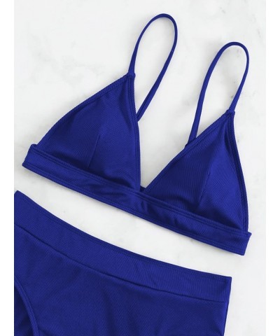 Women's 2 Piece Bathing Suit Ribbed Triangle High Waisted Bikini Swimsuit Royal Blue $14.08 Swimsuits