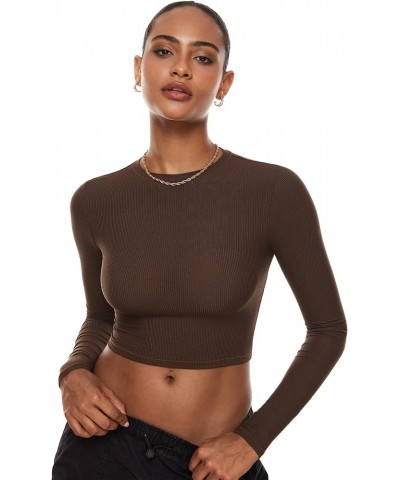 Women's Long Sleeve Crop Tops Crew Neck Ribbed Fitted Basic Fall Tops Tee Shirts Pinecone $17.67 T-Shirts