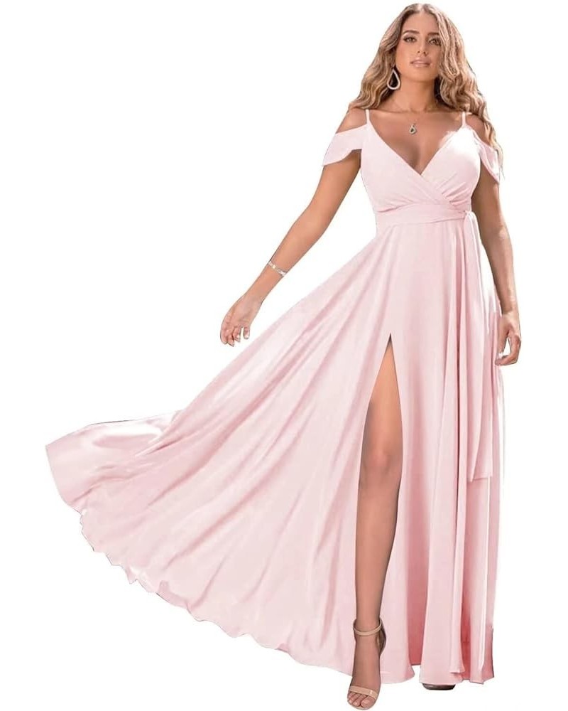 Off Shoulder Bridesmaid Dresses 2023 for Women Long Chiffon V Neck Formal Evening Gown with Slit RQ04 Pink $28.01 Dresses