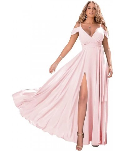 Off Shoulder Bridesmaid Dresses 2023 for Women Long Chiffon V Neck Formal Evening Gown with Slit RQ04 Pink $28.01 Dresses