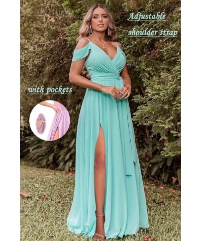 Off Shoulder Bridesmaid Dresses 2023 for Women Long Chiffon V Neck Formal Evening Gown with Slit RQ04 Pink $28.01 Dresses