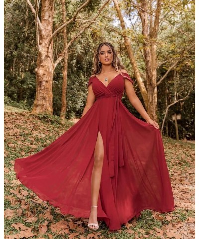 Off Shoulder Bridesmaid Dresses 2023 for Women Long Chiffon V Neck Formal Evening Gown with Slit RQ04 Pink $28.01 Dresses