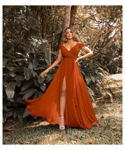 Off Shoulder Bridesmaid Dresses 2023 for Women Long Chiffon V Neck Formal Evening Gown with Slit RQ04 Pink $28.01 Dresses