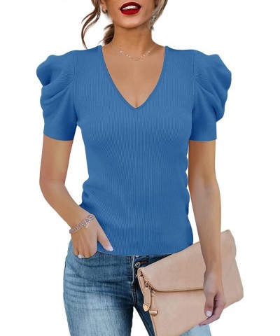 Women's Long Puff Sleeve Knit Pullover Sweaters Casual V Neck Ribbed Solid Soft Slim Fit Sweater Blouse Tops A-blue $22.19 Sw...