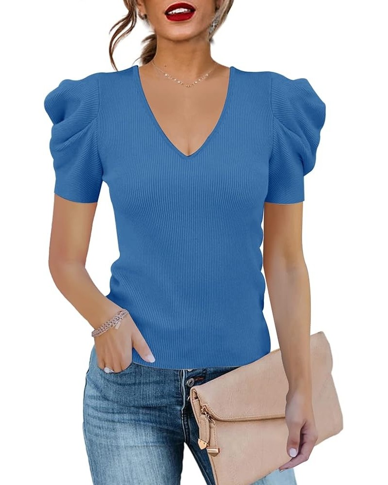 Women's Long Puff Sleeve Knit Pullover Sweaters Casual V Neck Ribbed Solid Soft Slim Fit Sweater Blouse Tops A-blue $22.19 Sw...