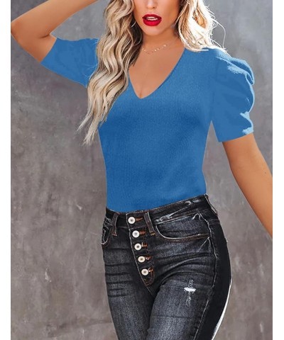 Women's Long Puff Sleeve Knit Pullover Sweaters Casual V Neck Ribbed Solid Soft Slim Fit Sweater Blouse Tops A-blue $22.19 Sw...