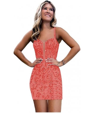 Sequin Lace Tight Homecoming Dresses for Teens Spaghetti Straps V Neck Short Prom Dress Mini Cocktail Gown Coral $23.10 Dresses