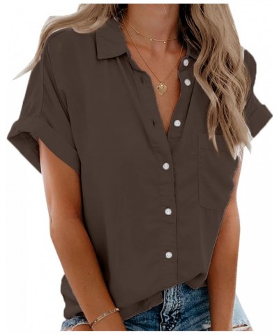 Womens Short Sleeve Shirts V Neck Collared Button Down Shirt Tops with Pockets Coffee $14.09 Blouses