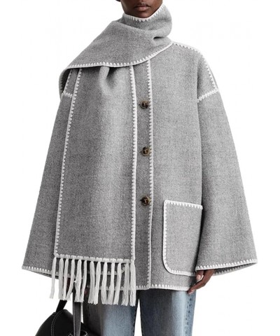 Women's Autumn And Winter Fashion Coat Casual Embroidery Tassel Scarf Loose Jacket Gray $30.16 Jackets