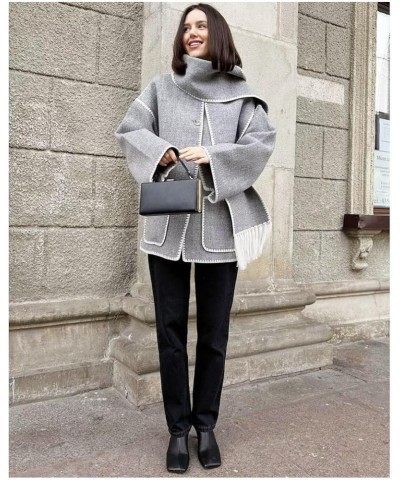 Women's Autumn And Winter Fashion Coat Casual Embroidery Tassel Scarf Loose Jacket Gray $30.16 Jackets