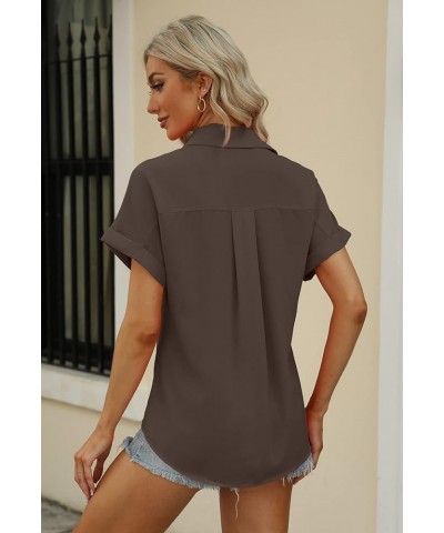 Womens Short Sleeve Shirts V Neck Collared Button Down Shirt Tops with Pockets Coffee $14.09 Blouses