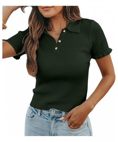 Womens Short Sleeve Sweater Tops V Neck Button Collared Ribbed Knit Pullover Shirt Slim Cropped Fall Blouse Tee Dark Green $1...