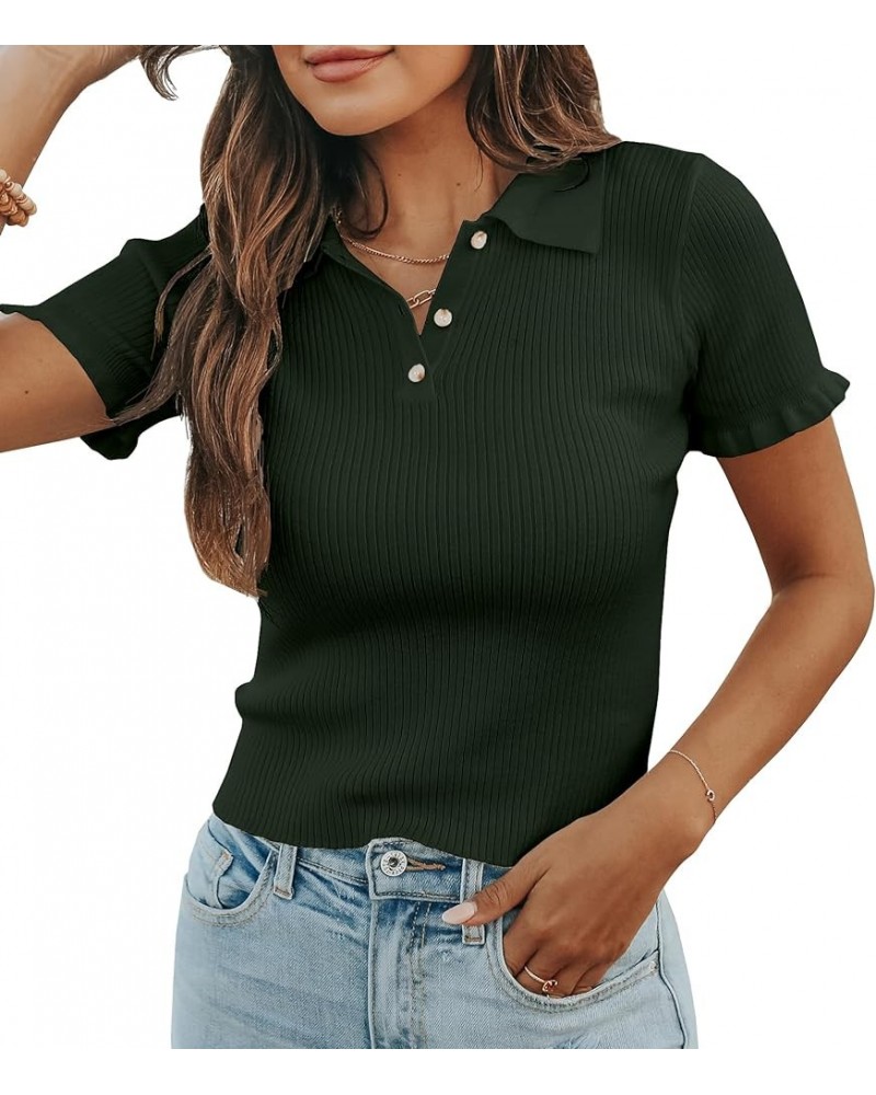 Womens Short Sleeve Sweater Tops V Neck Button Collared Ribbed Knit Pullover Shirt Slim Cropped Fall Blouse Tee Dark Green $1...