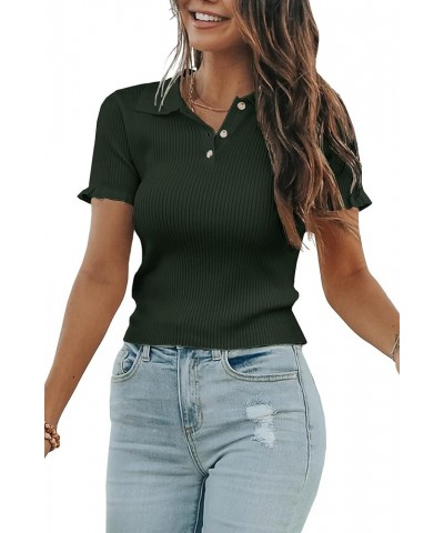 Womens Short Sleeve Sweater Tops V Neck Button Collared Ribbed Knit Pullover Shirt Slim Cropped Fall Blouse Tee Dark Green $1...