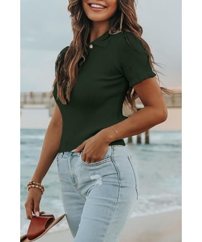 Womens Short Sleeve Sweater Tops V Neck Button Collared Ribbed Knit Pullover Shirt Slim Cropped Fall Blouse Tee Dark Green $1...