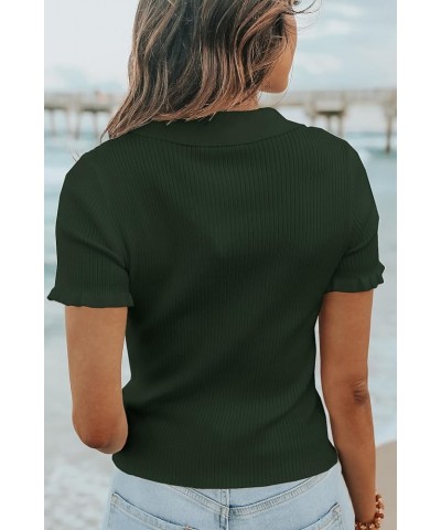 Womens Short Sleeve Sweater Tops V Neck Button Collared Ribbed Knit Pullover Shirt Slim Cropped Fall Blouse Tee Dark Green $1...