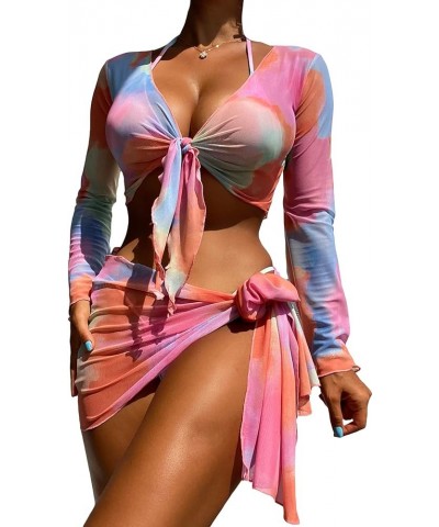 Women's 4Pcs Allover Print Knot Front Triangle Bikini Swimsuit with Cover Up Set Multicolor Print $21.05 Swimsuits