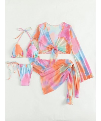 Women's 4Pcs Allover Print Knot Front Triangle Bikini Swimsuit with Cover Up Set Multicolor Print $21.05 Swimsuits