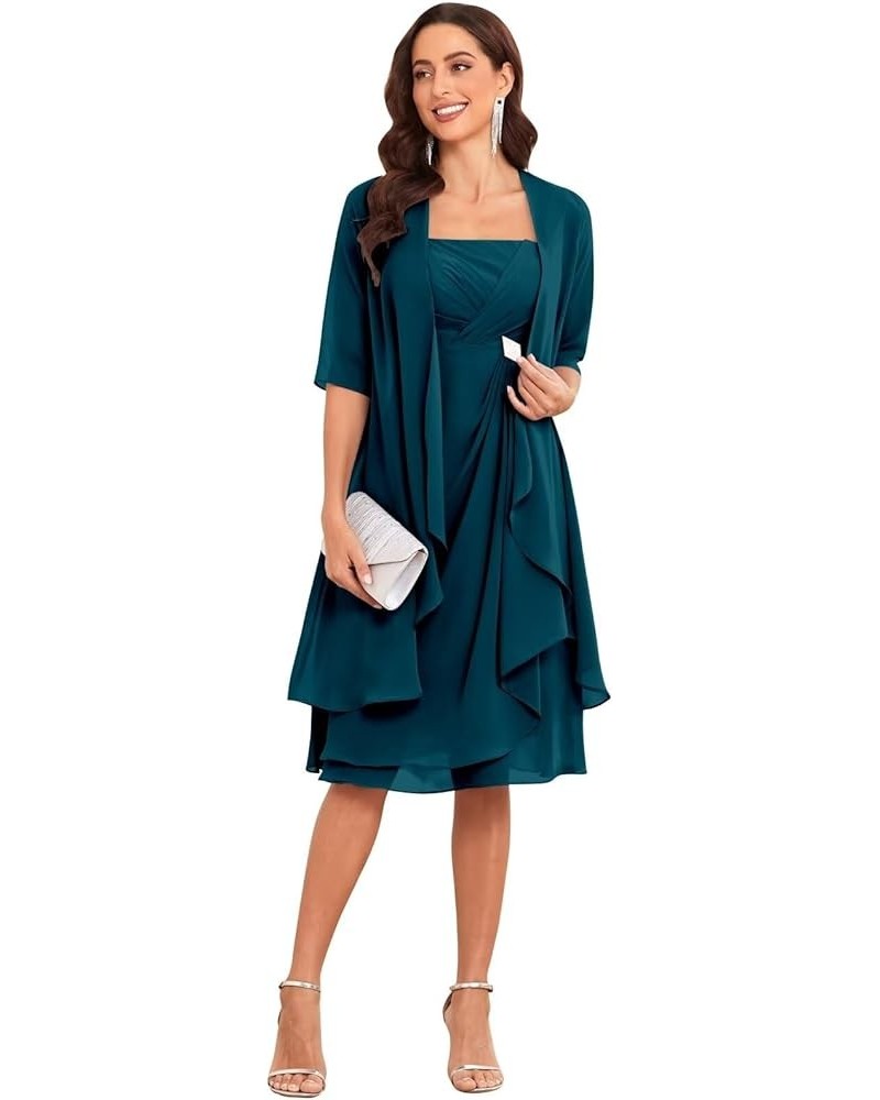 2 Pieces Chiffon Mother of The Bride Dresses with Jacket Pleated Ruffle Short Formal Evening Party Gown Peacock $34.40 Dresses