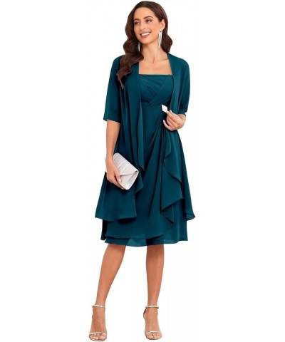 2 Pieces Chiffon Mother of The Bride Dresses with Jacket Pleated Ruffle Short Formal Evening Party Gown Peacock $34.40 Dresses