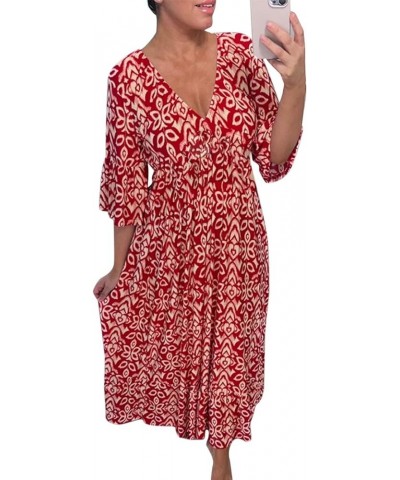 Women's Summer Boho Dress for Women 2023 V Neck Short Sleeve Unique Cross Wrap High Waist Casual Midi Sun Dresses Red-1 $10.2...