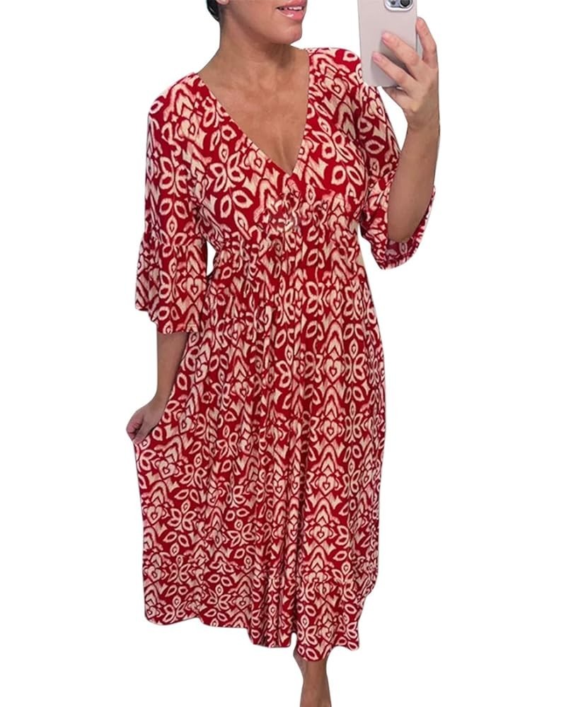 Women's Summer Boho Dress for Women 2023 V Neck Short Sleeve Unique Cross Wrap High Waist Casual Midi Sun Dresses Red-1 $10.2...