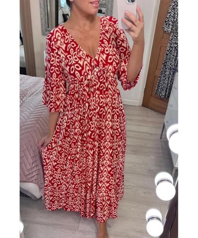 Women's Summer Boho Dress for Women 2023 V Neck Short Sleeve Unique Cross Wrap High Waist Casual Midi Sun Dresses Red-1 $10.2...