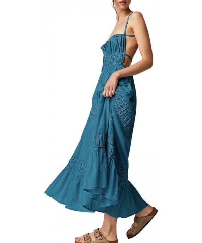 Women Backless Flowy Long Dress Spaghetti Strap Low Cut Boho Maxi Dress Casual Going Out Vacation Sundress D-open Back Dark B...