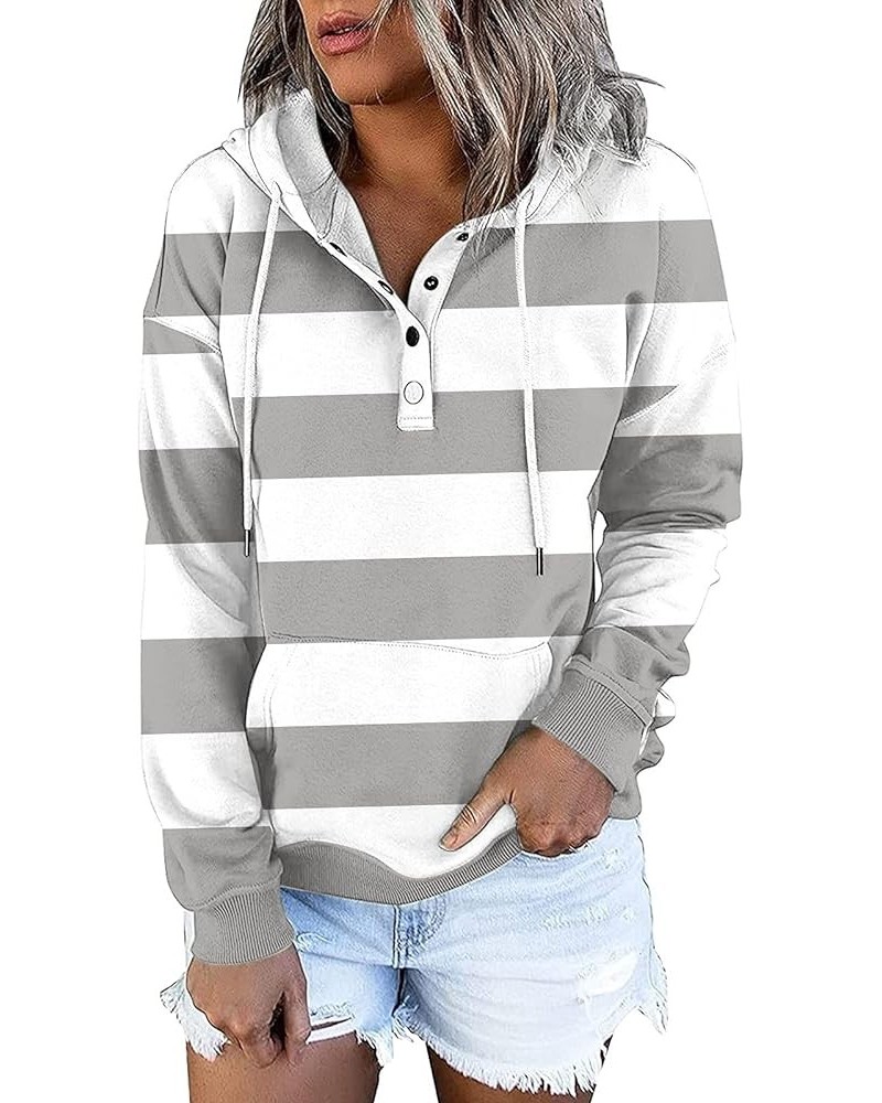 Womens Hoodies Fashion Button Up Sweatshirt Stripe Long Sleeve Tops Color Block Drawstring Hooded Pullover 8-gray $10.65 Hood...