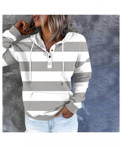 Womens Hoodies Fashion Button Up Sweatshirt Stripe Long Sleeve Tops Color Block Drawstring Hooded Pullover 8-gray $10.65 Hood...