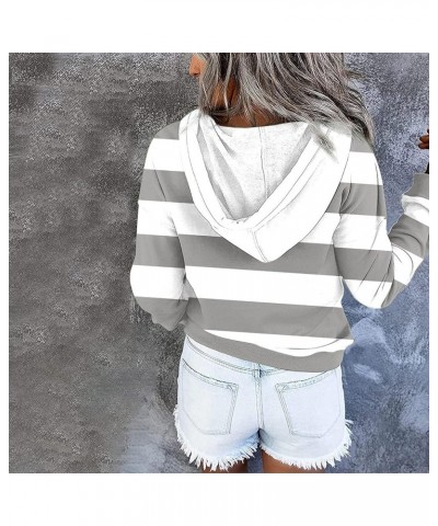 Womens Hoodies Fashion Button Up Sweatshirt Stripe Long Sleeve Tops Color Block Drawstring Hooded Pullover 8-gray $10.65 Hood...