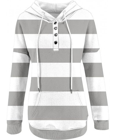 Womens Hoodies Fashion Button Up Sweatshirt Stripe Long Sleeve Tops Color Block Drawstring Hooded Pullover 8-gray $10.65 Hood...