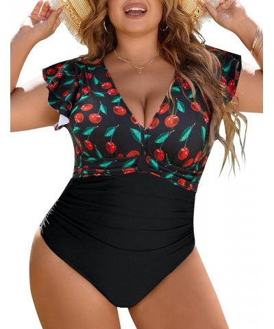 Women's Tummy Control Swimsuit One Piece Full Coverage Plus Size Bathing Suit Retro Ruffle Swimwear Cherry and Black $17.22 S...