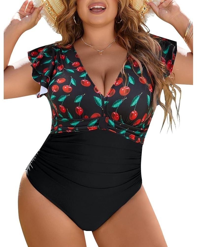 Women's Tummy Control Swimsuit One Piece Full Coverage Plus Size Bathing Suit Retro Ruffle Swimwear Cherry and Black $17.22 S...